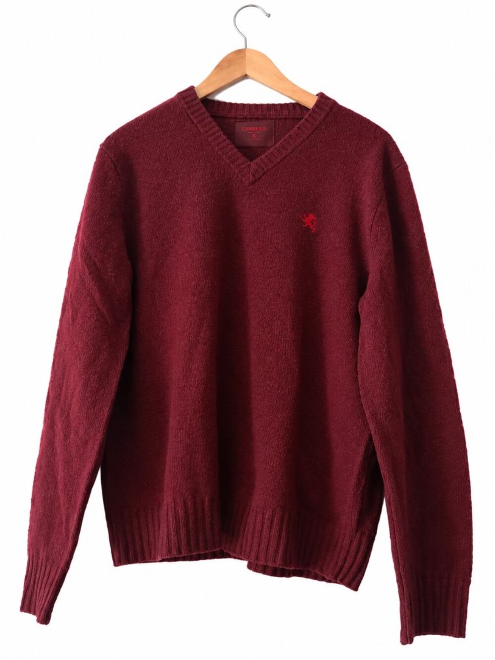 Express Mens Burgundy Lambs Wool V Neck Long Sleeve Sweater Preppy Fall L